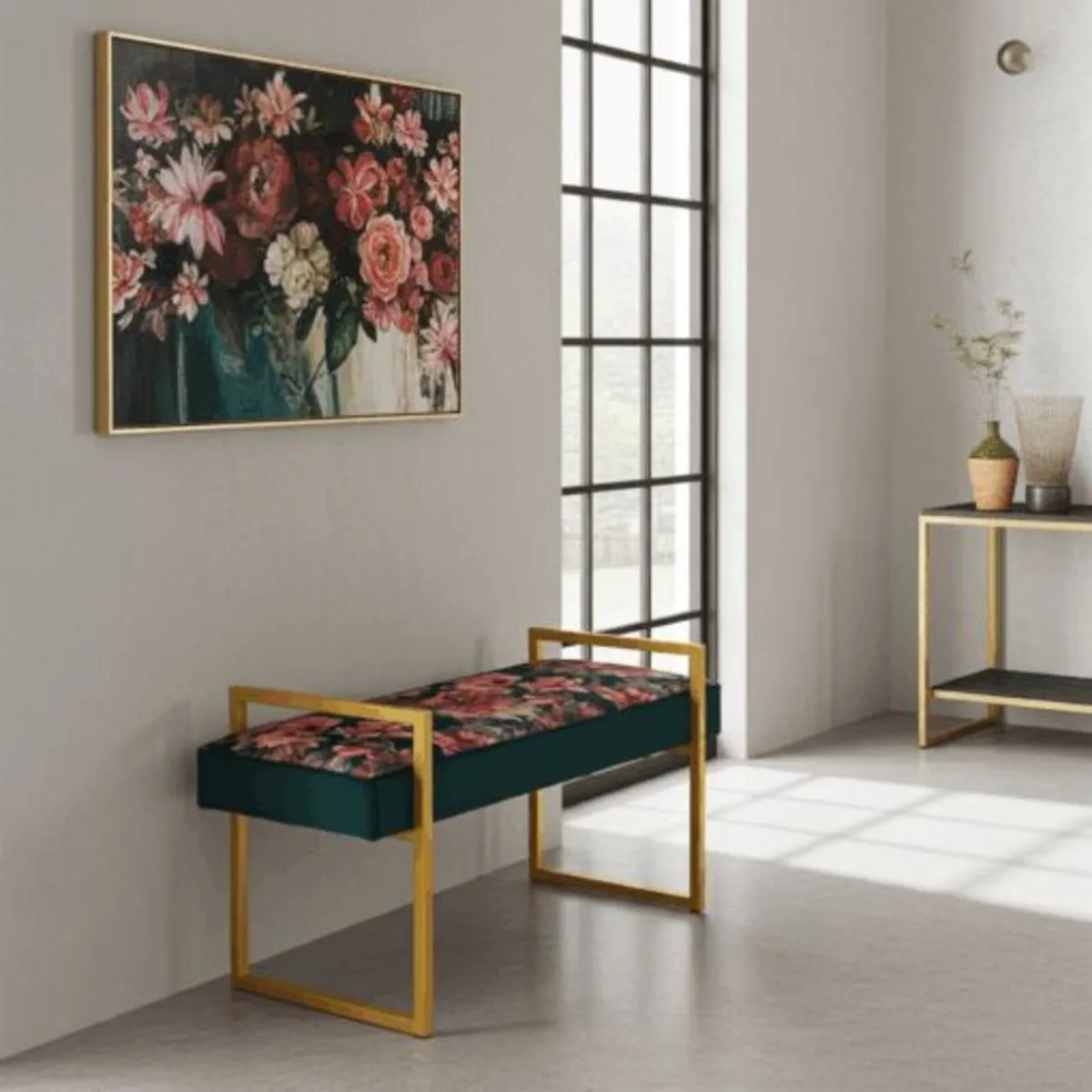 Tropical Velvet Bench Gold Metal Frame - Image 2