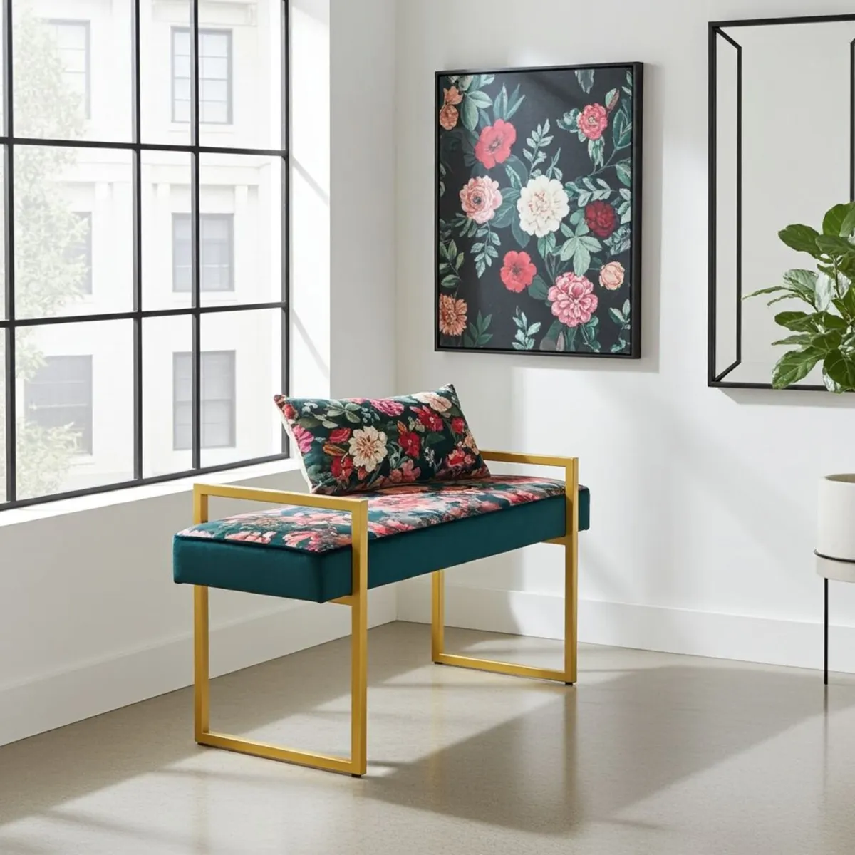 Tropical Velvet Bench Gold Metal Frame - Image 3