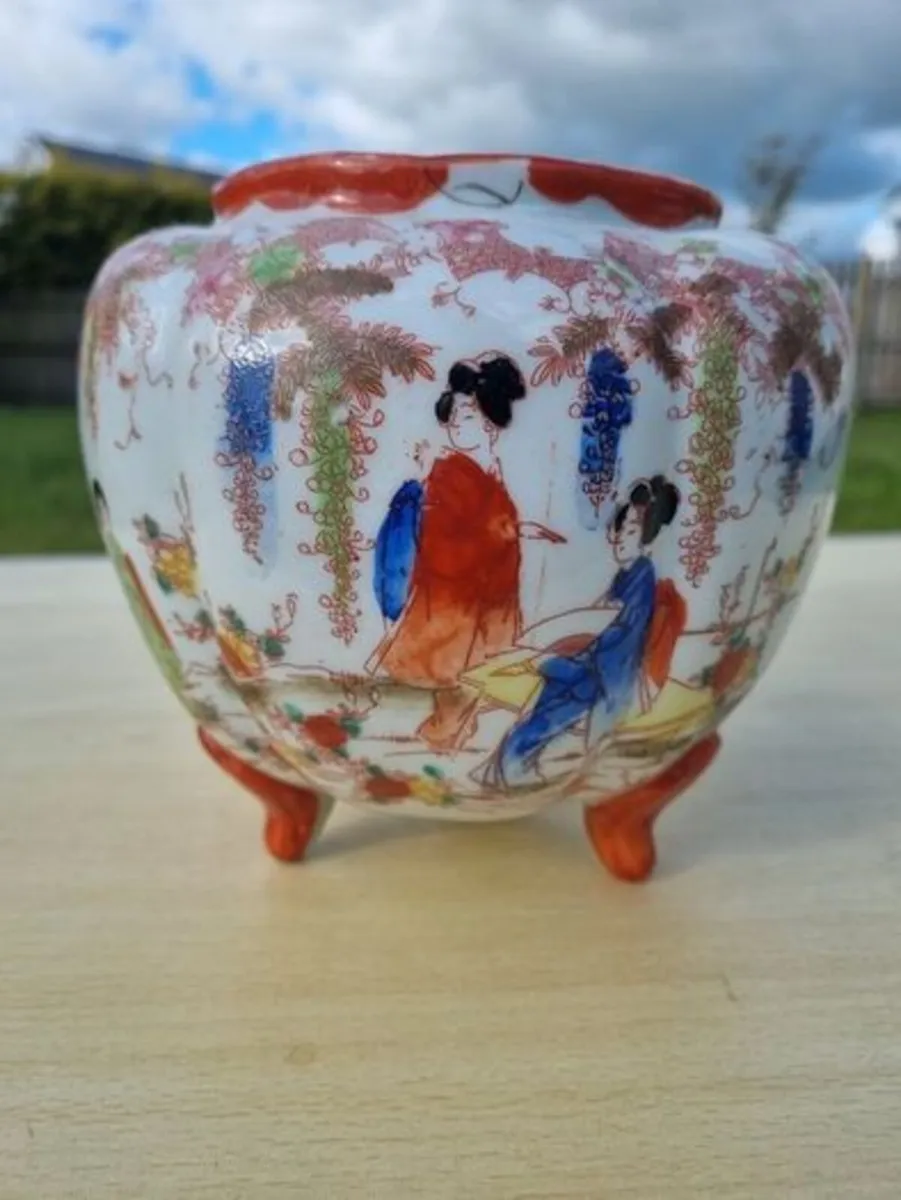 Vintage Japanese 3 Footed Hand Painted Biscuit Jar - Image 1