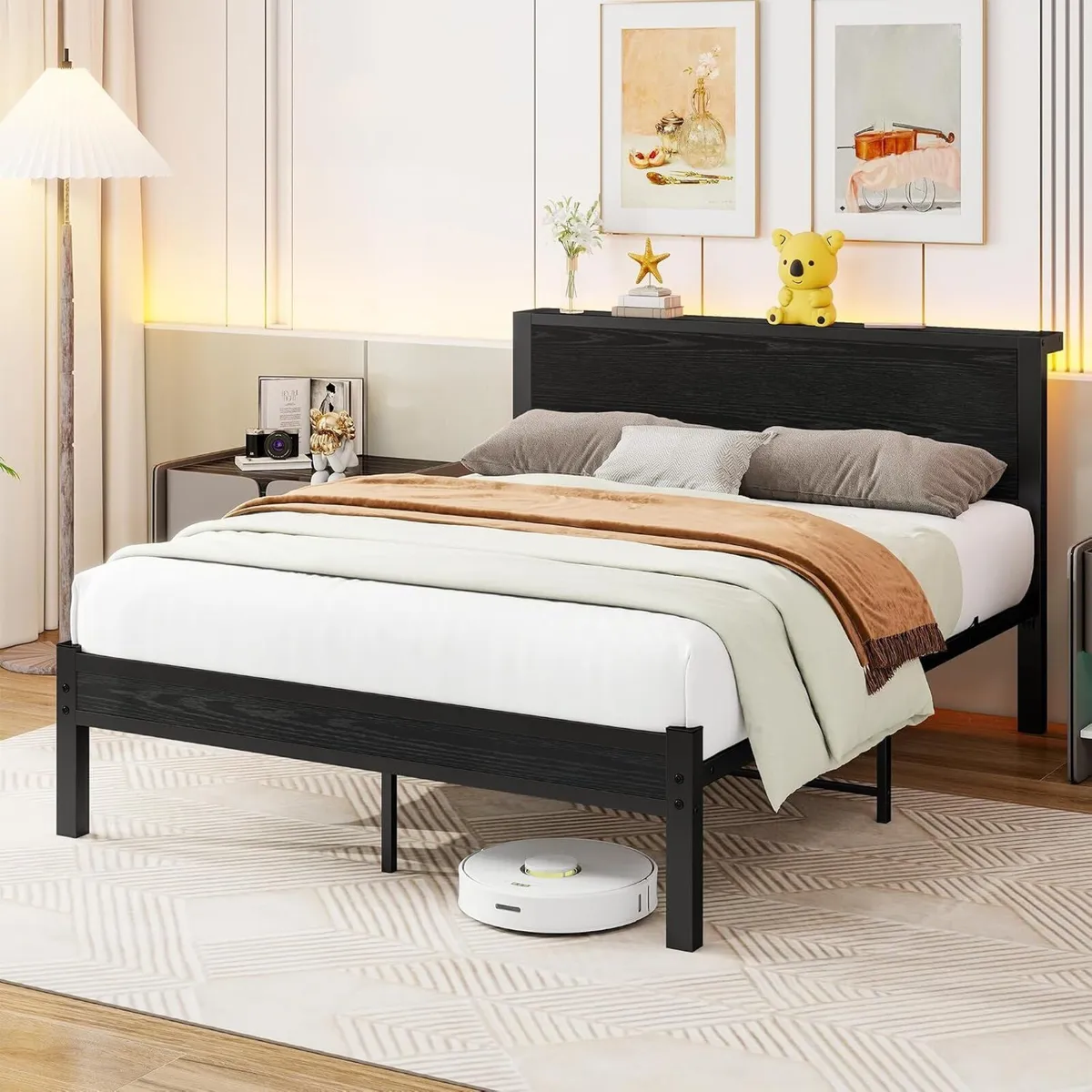 Bed Frame Metal Platform with Wood Headboard - Image 1