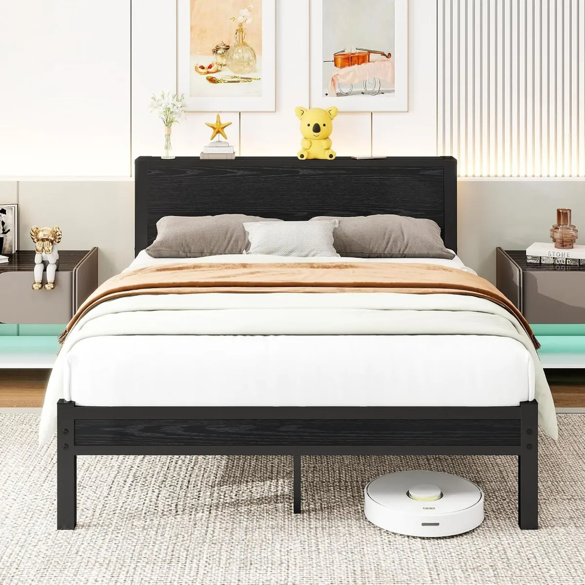 Bed Frame Metal Platform with Wood Headboard - Image 3