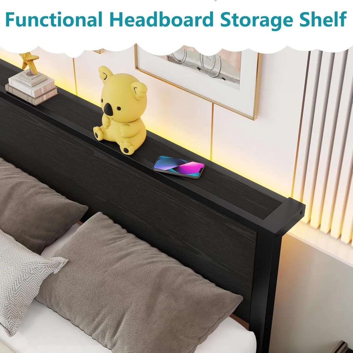 Bed Frame Metal Platform with Wood Headboard - Image 4