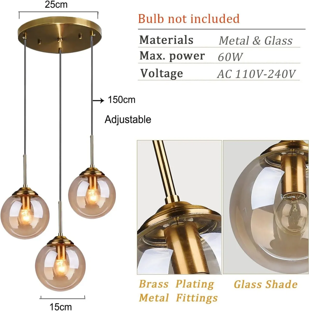 Industrial Vintage 3 Way Pendant Light with Brass - Image 2
