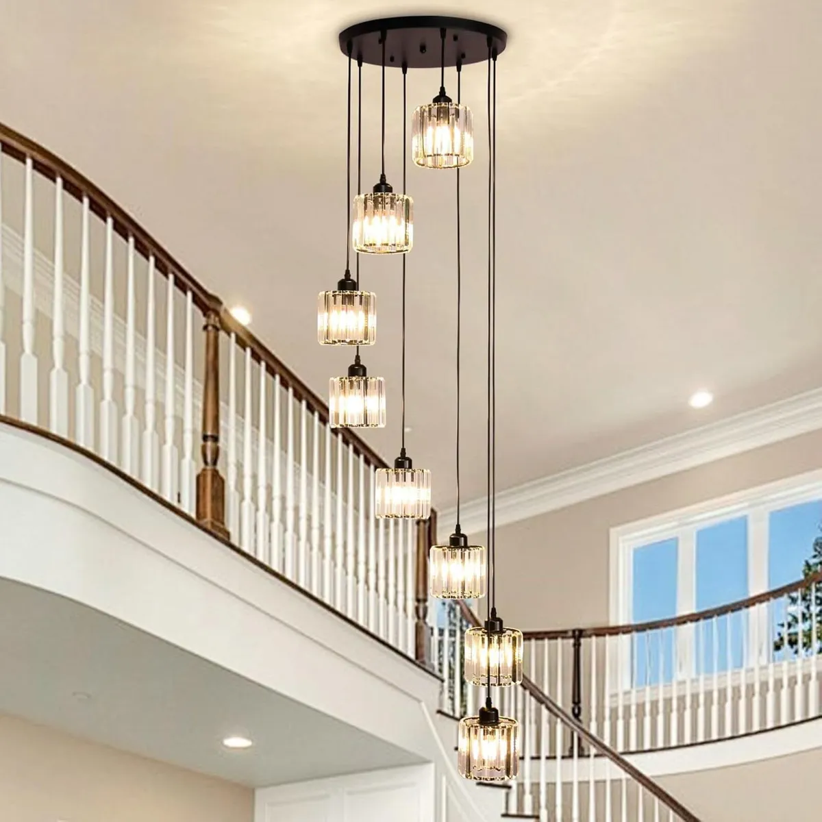8-Light Crystal Staircase Chandelier Long Drop E27 - Image 1