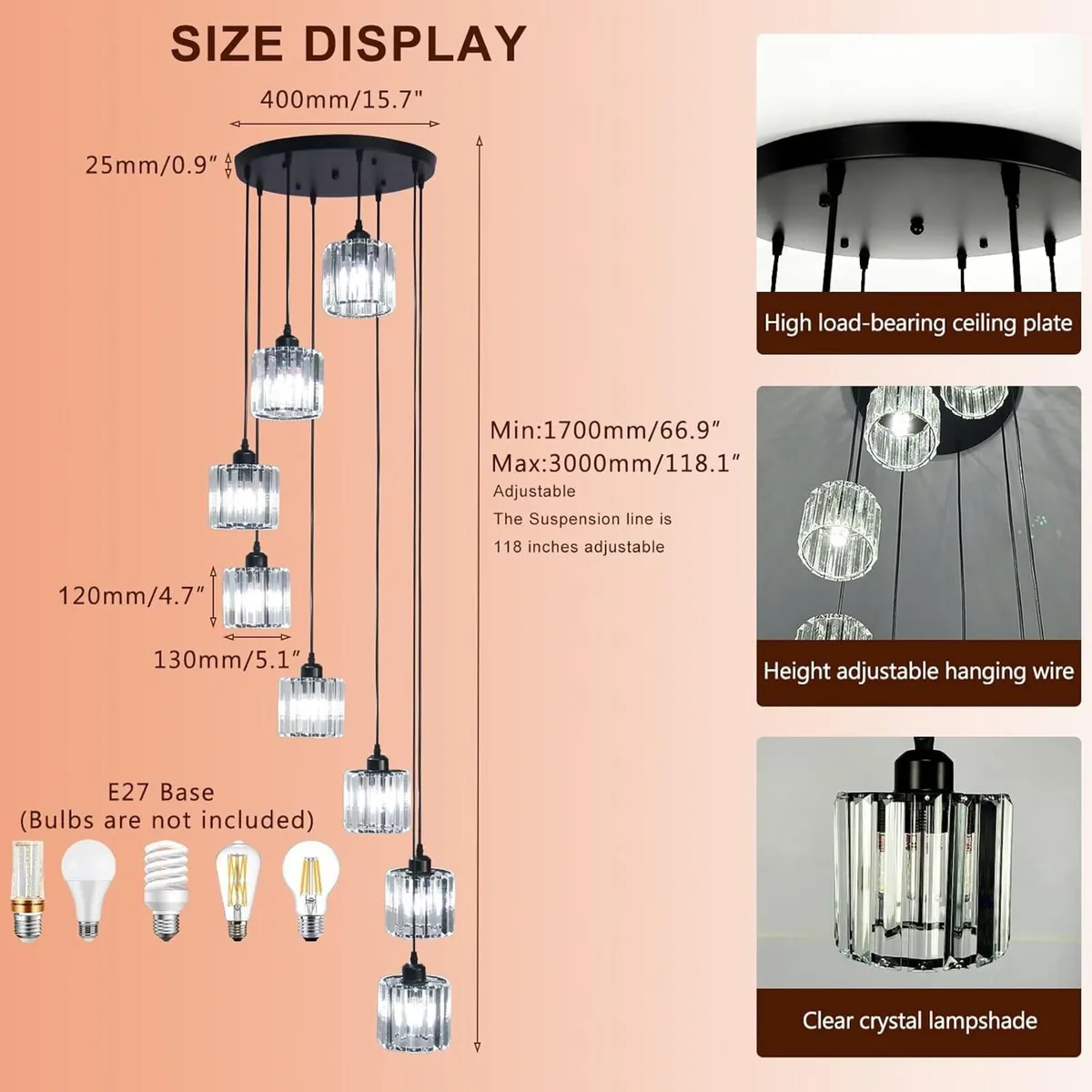 8-Light Crystal Staircase Chandelier Long Drop E27 - Image 4