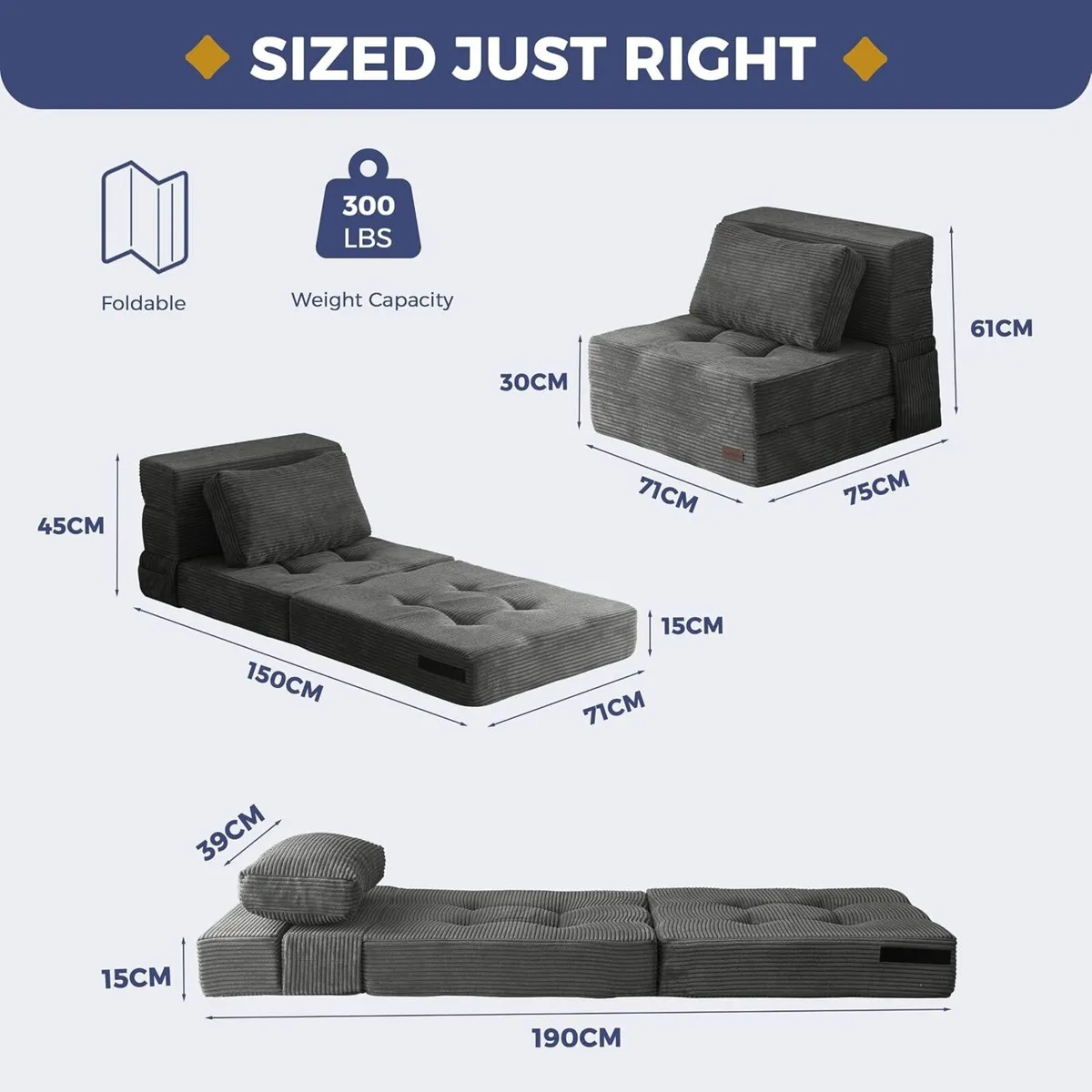 Folding Foam Sofa Bed Tri-Fold Mattress with 1 - Image 2