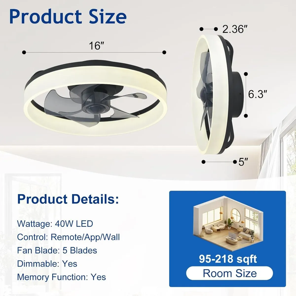 LED Ceiling Fan with Light: 16" Modern Low - Image 2