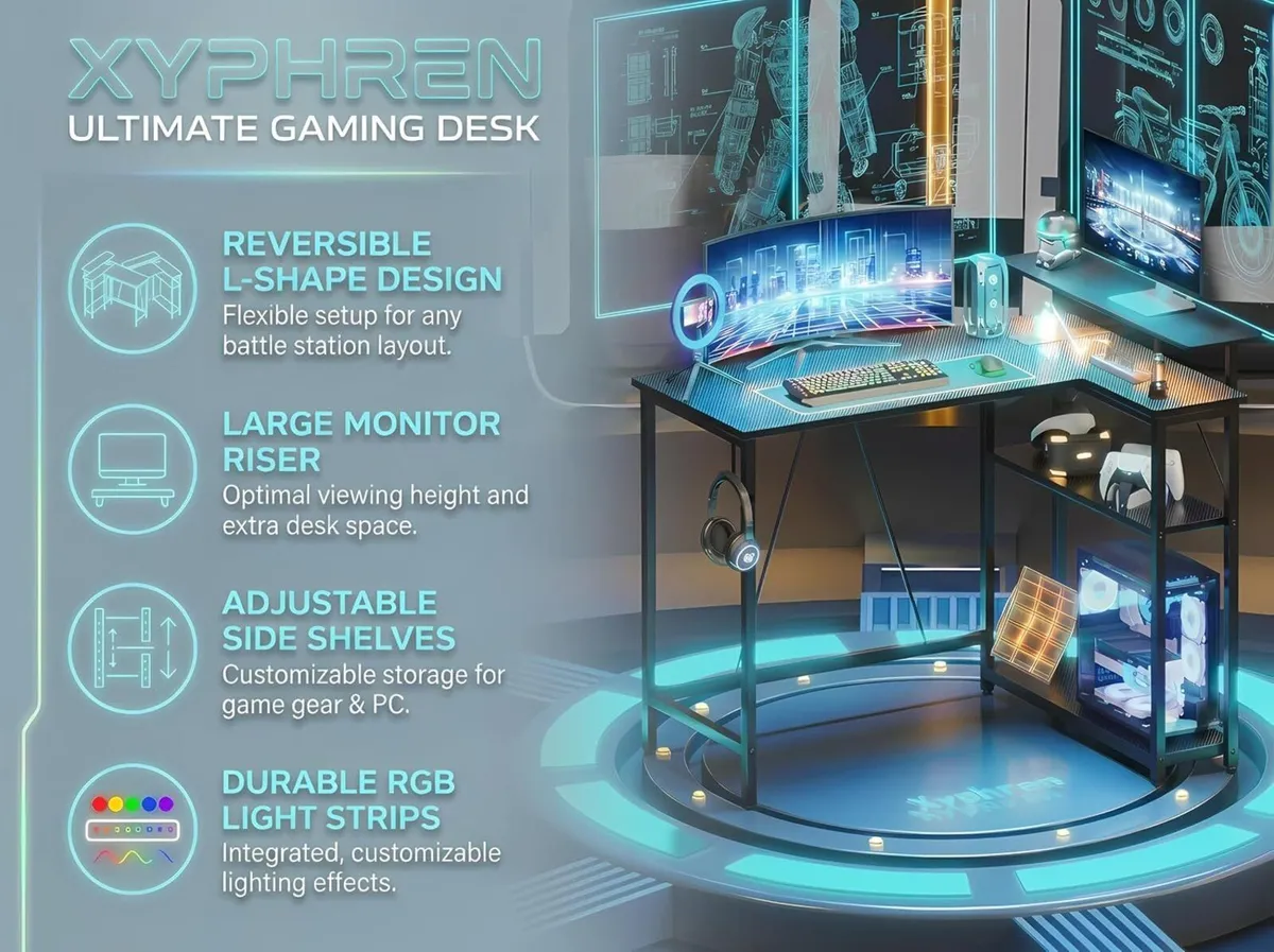 L Shaped Gaming Desk with RGB LED Lights - Image 4