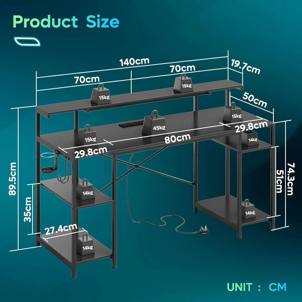 140CM Computer Desk with Power Outlets LED - Image 3