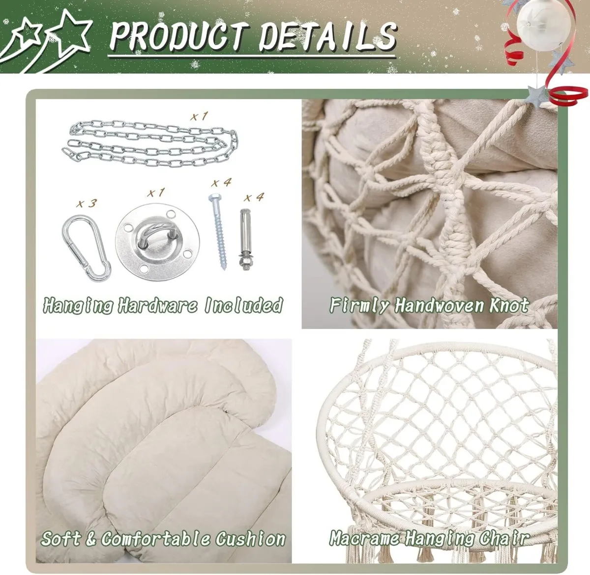 Hammock Chair with Cushion Handmade Macrame Swing - Image 3