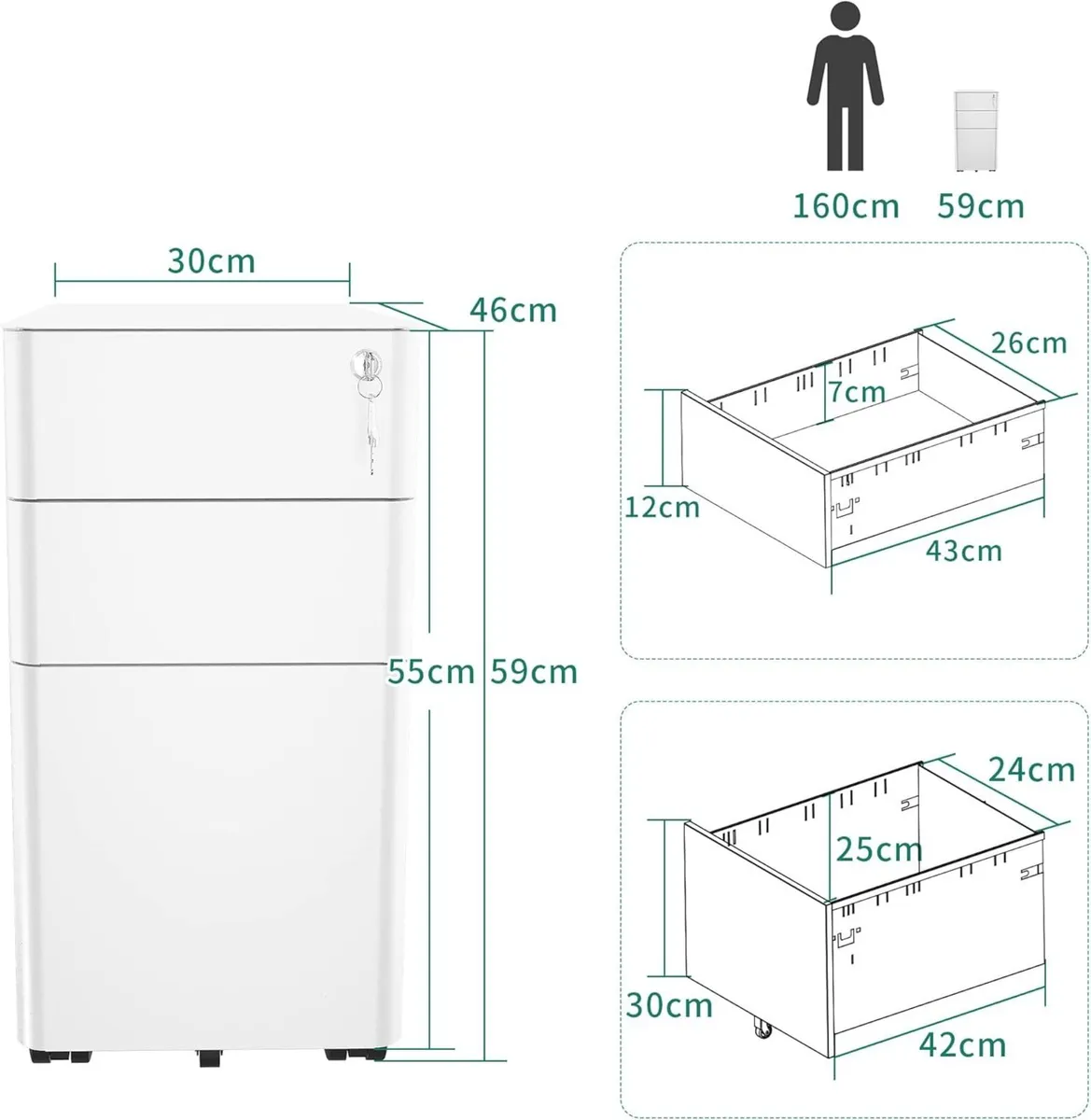 Metal File Cabinet with 3 Lockable Drawers Mobile - Image 3