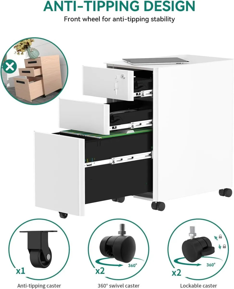 Metal File Cabinet with 3 Lockable Drawers Mobile - Image 4