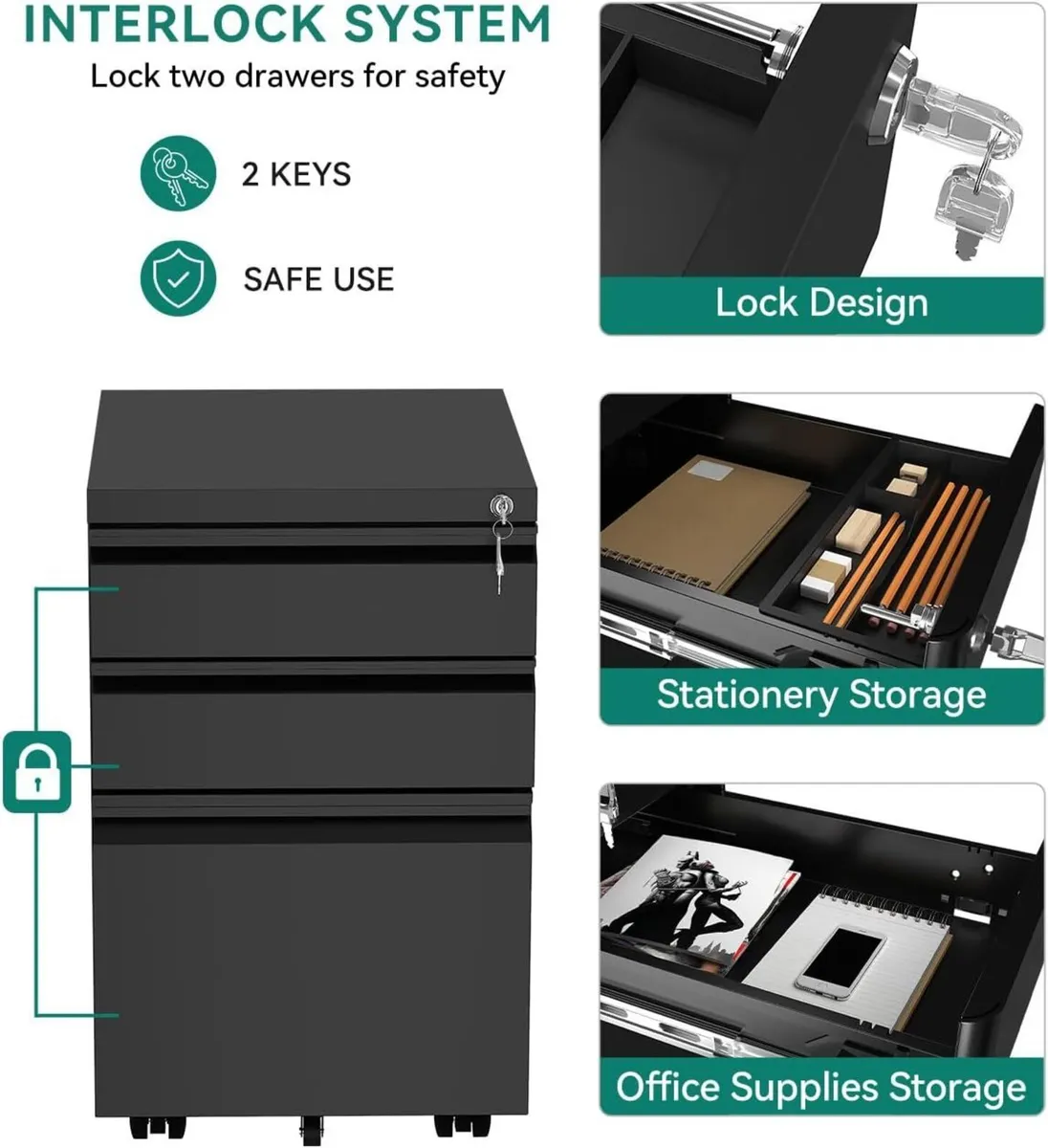 3-Drawers Lockable File Cabinet for Letter Legal - Image 4