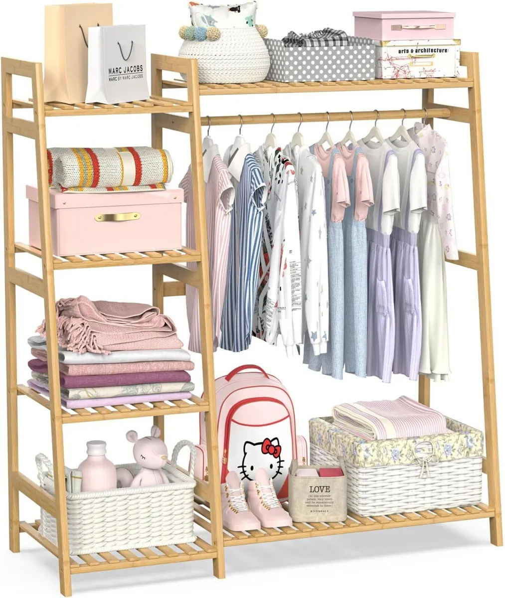 Kids Clothing Rack with Shelves Bamboo Clothes - Image 1