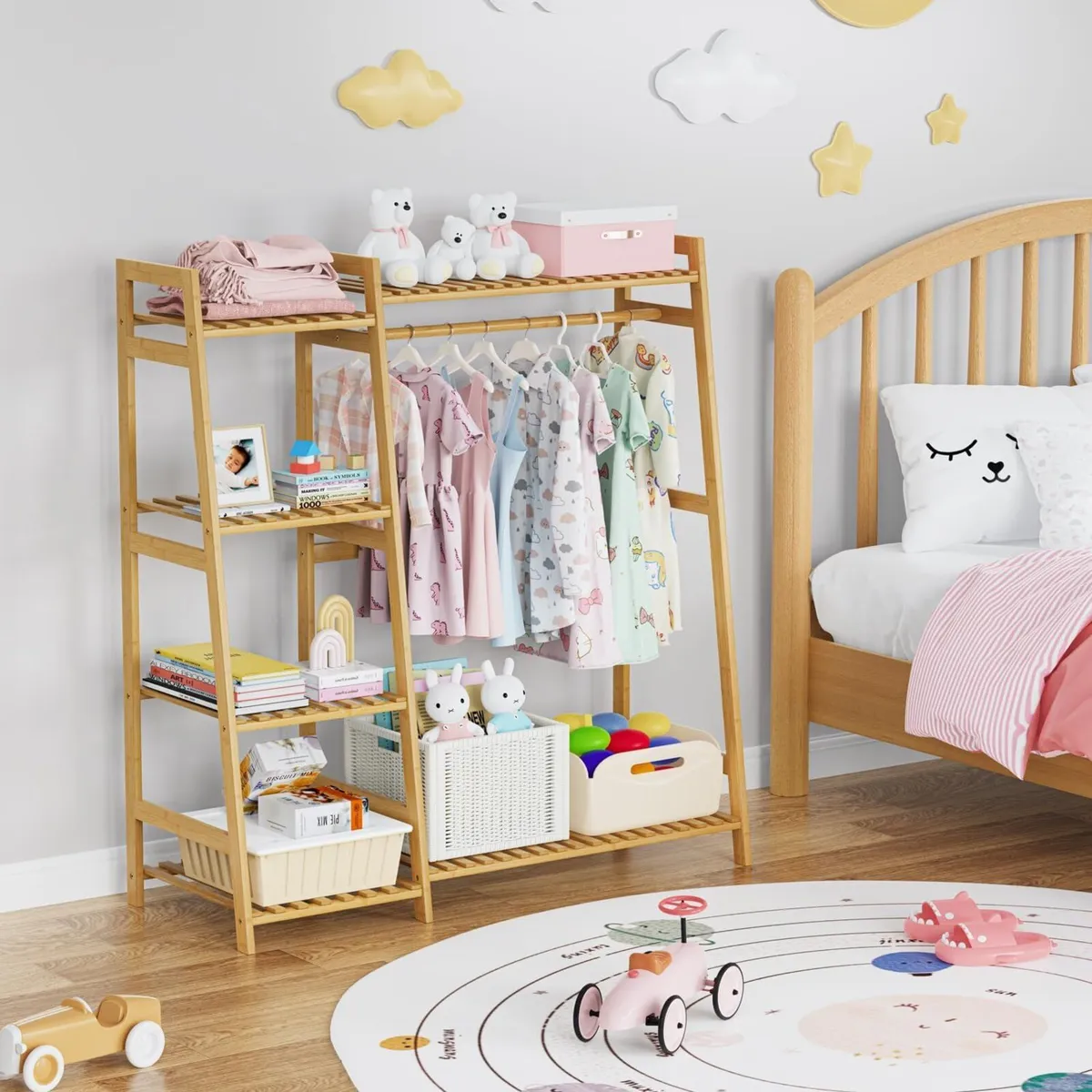 Kids Clothing Rack with Shelves Bamboo Clothes - Image 4