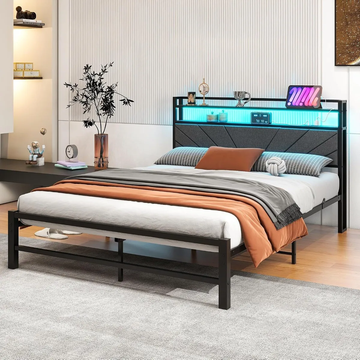 Bed Frame with LED Lights Storage Upholstered - Image 3