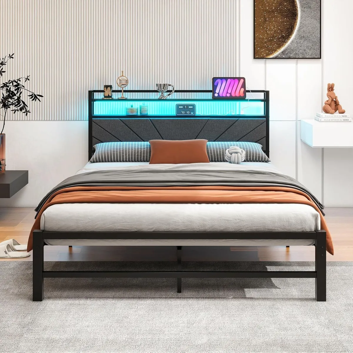 Bed Frame with LED Lights Storage Upholstered - Image 1