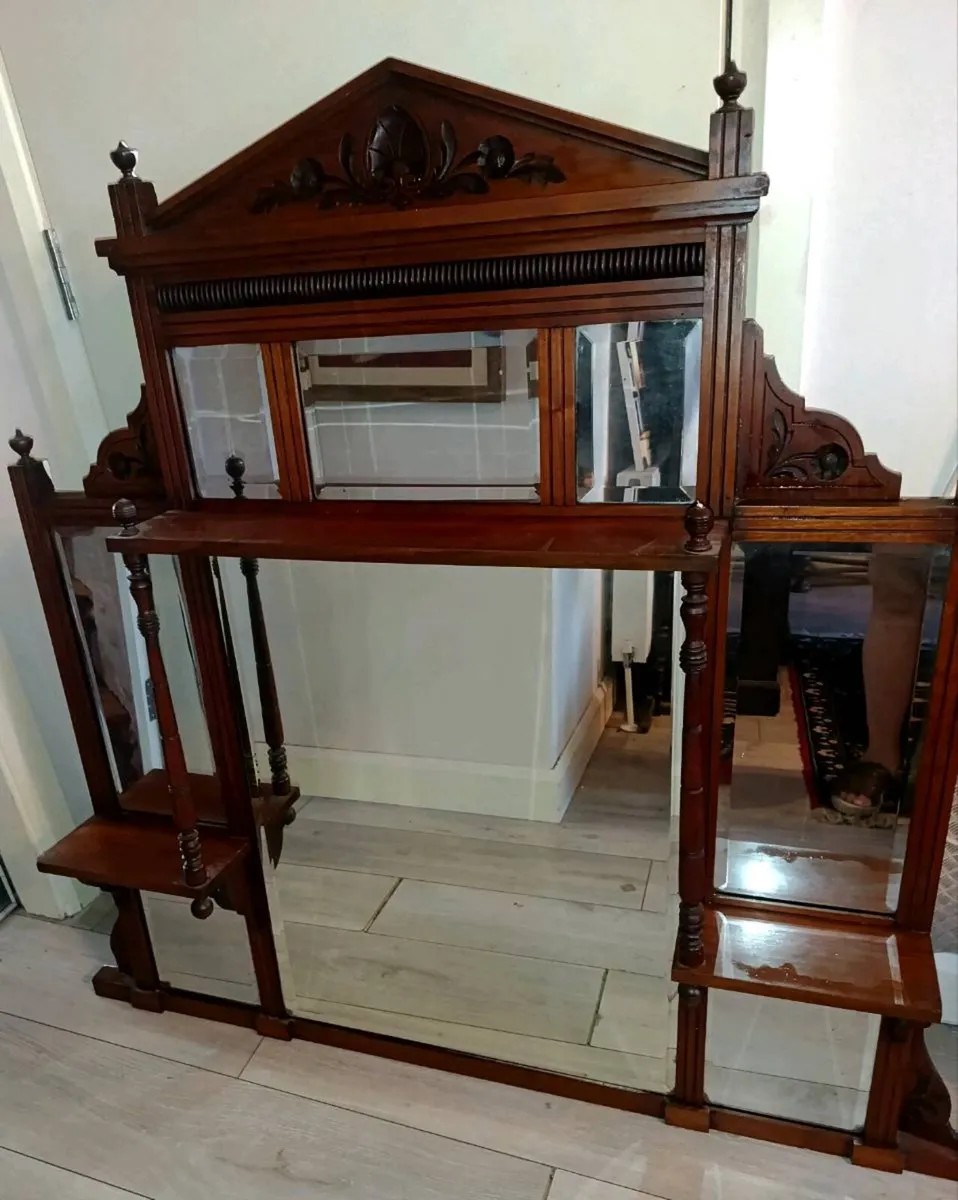 Large Edwardian entry wall mirror with shelves