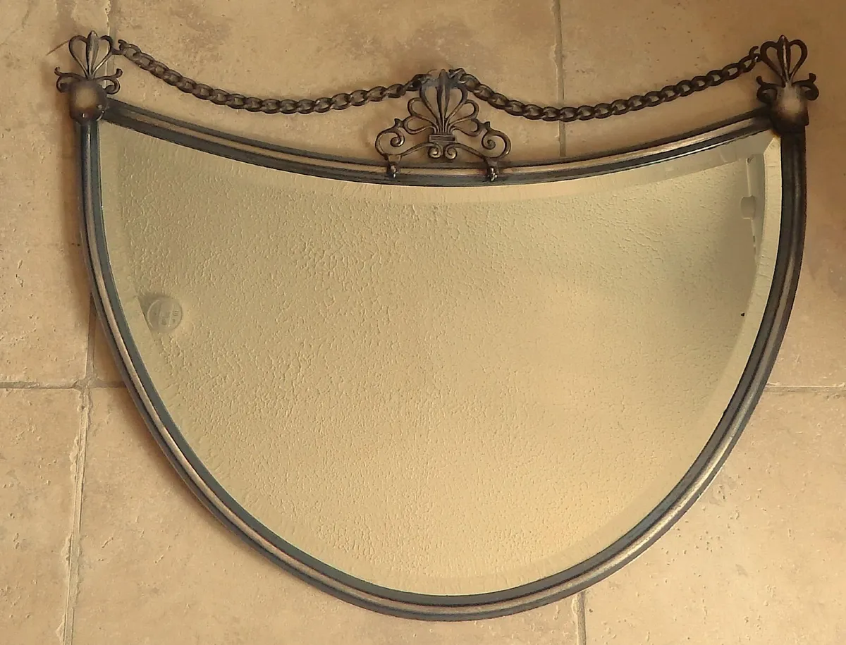 Large Vintage Metal Half Moon Bevelled Wall Mirror - Image 1
