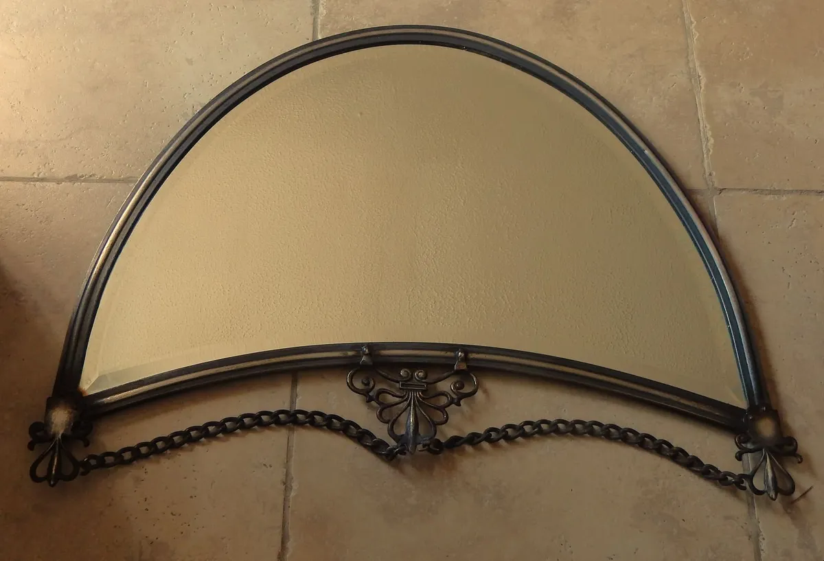 Large Vintage Metal Half Moon Bevelled Wall Mirror - Image 2