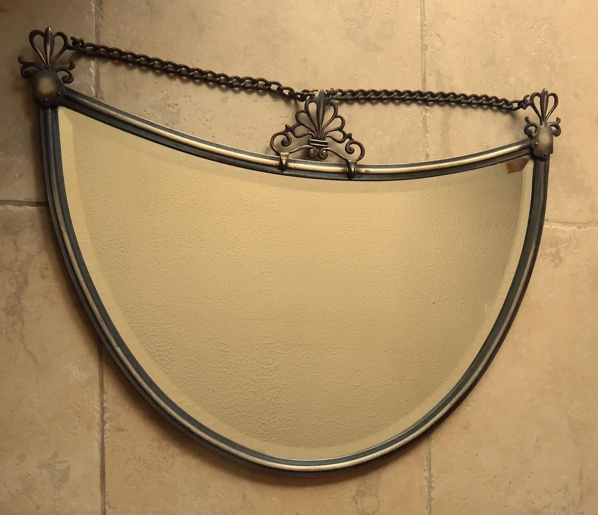 Large Vintage Metal Half Moon Bevelled Wall Mirror - Image 3