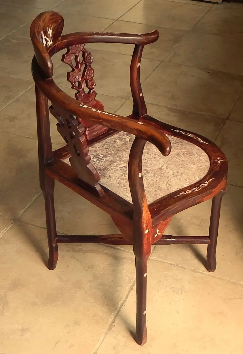 Vintage Chinese Corner Chair with Marble Seat - Image 2