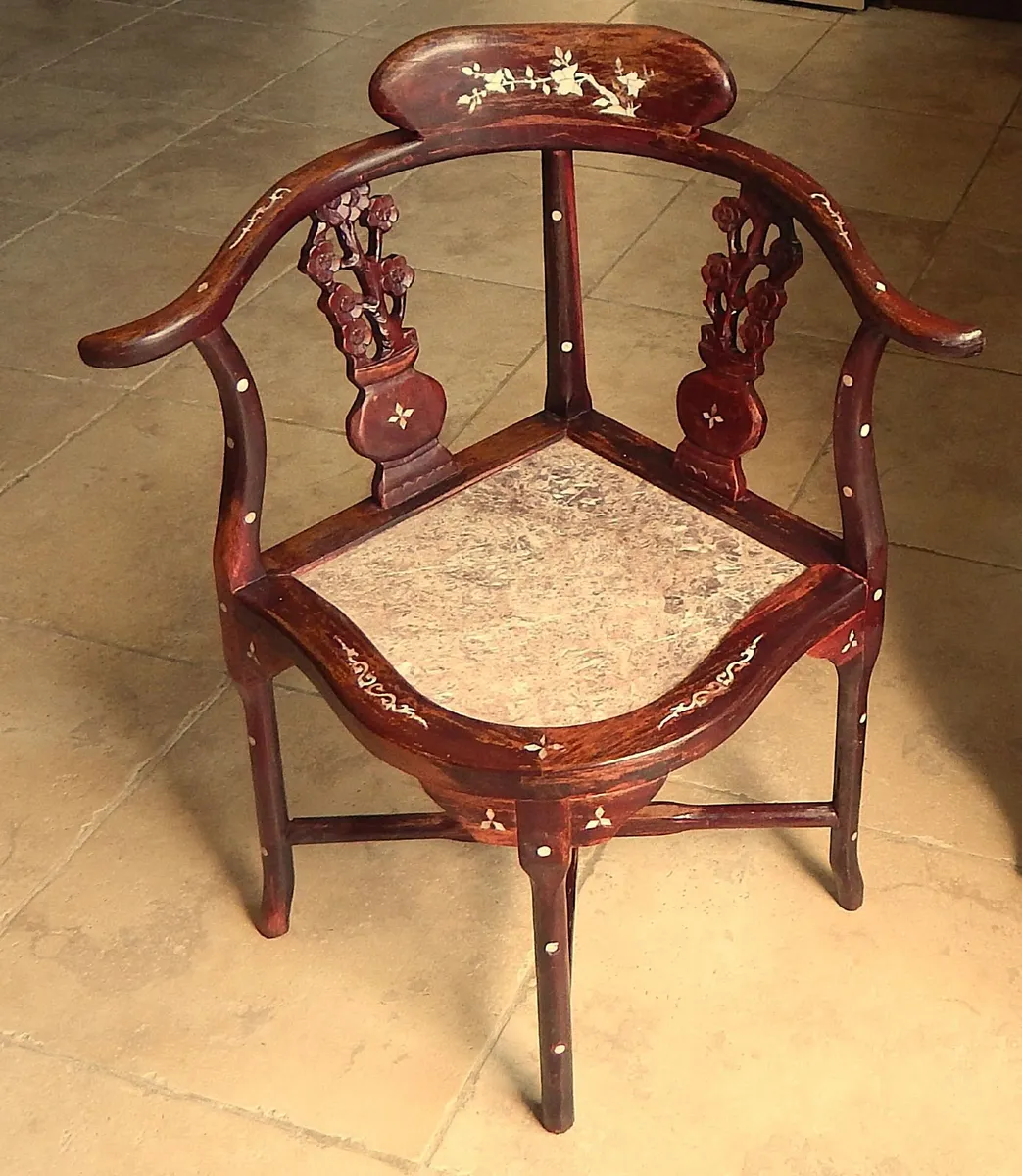 Vintage Chinese Corner Chair with Marble Seat - Image 1