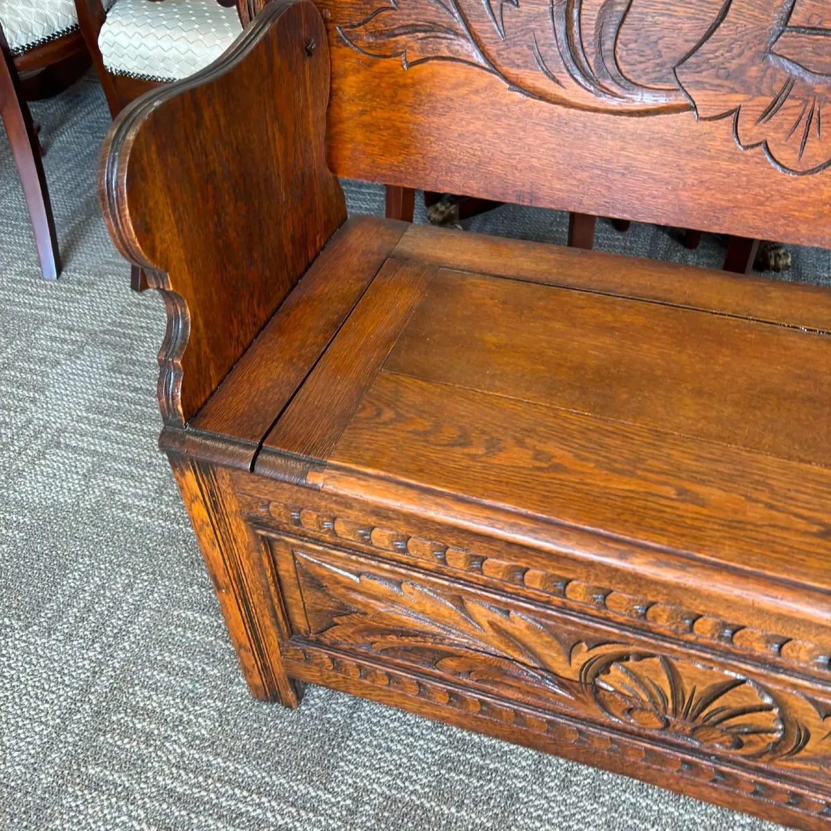 Early 20th-century carved oak monk's bench, a meta - Image 2