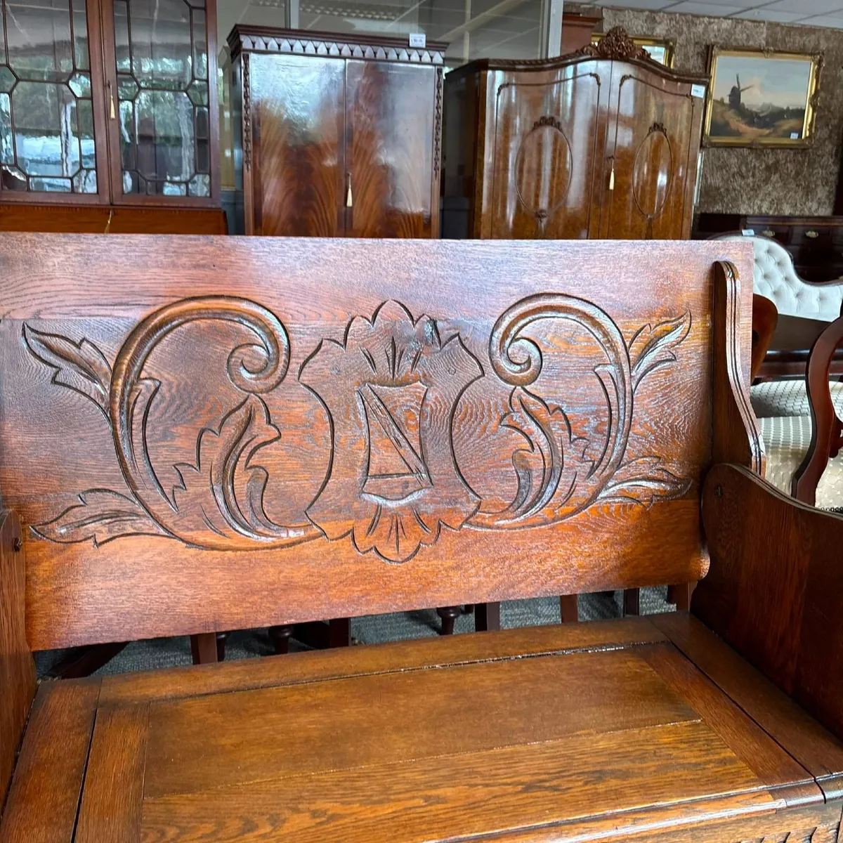 Early 20th-century carved oak monk's bench, a meta - Image 3