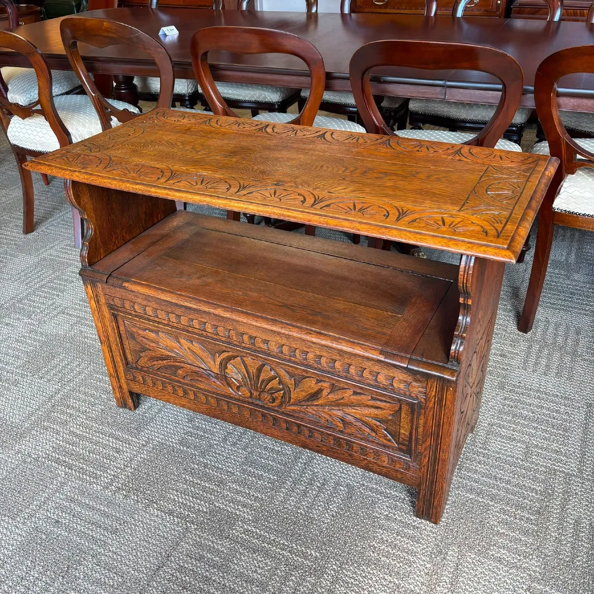 Early 20th-century carved oak monk's bench, a meta - Image 1