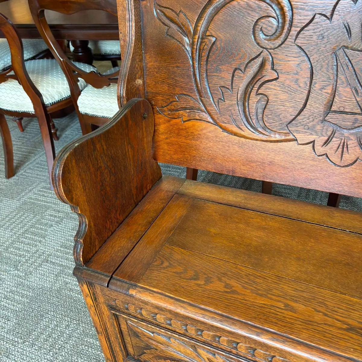 Early 20th-century carved oak monk's bench, a meta - Image 4