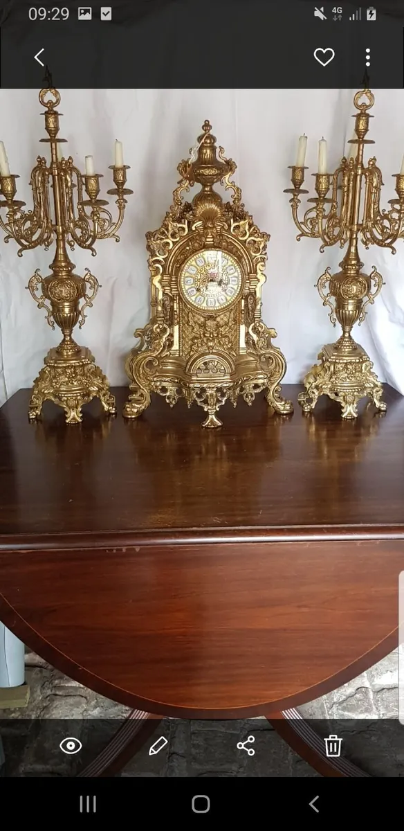 Stunning Italian brass mantle clock + candelabra's - Image 1