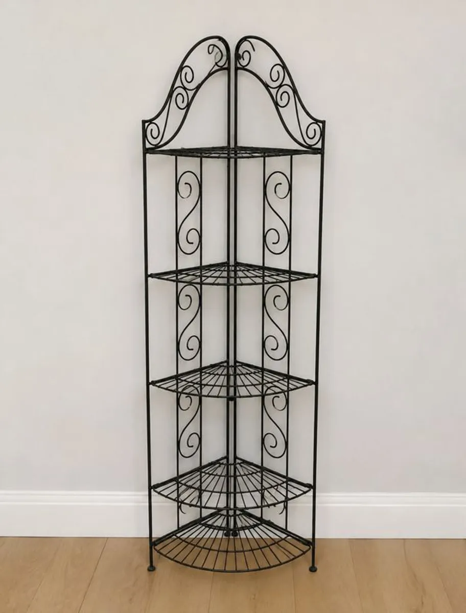 Black metal corner shelving unit