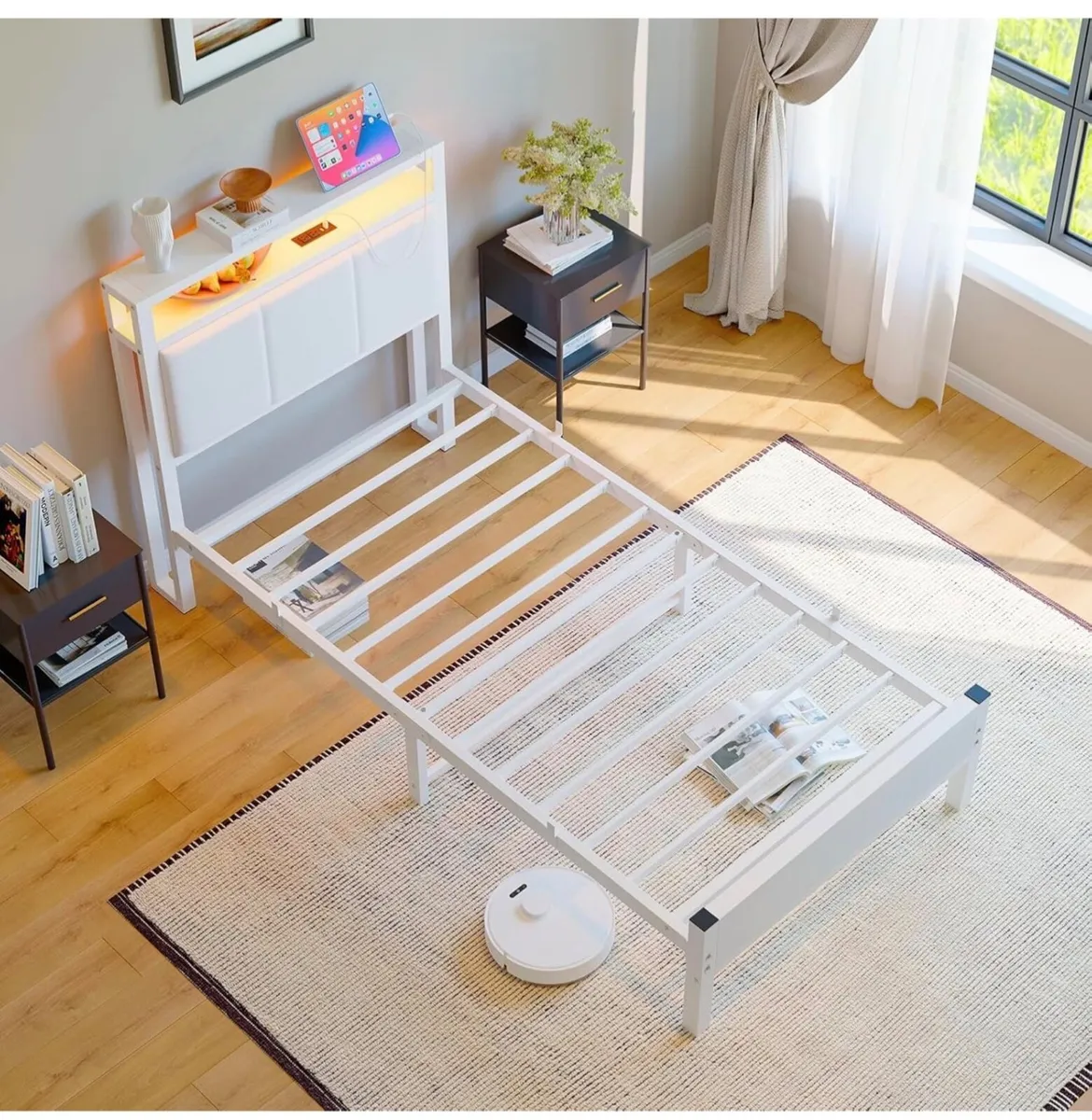 3FT Single Bed Frame with Storage Headboard, White - Image 3