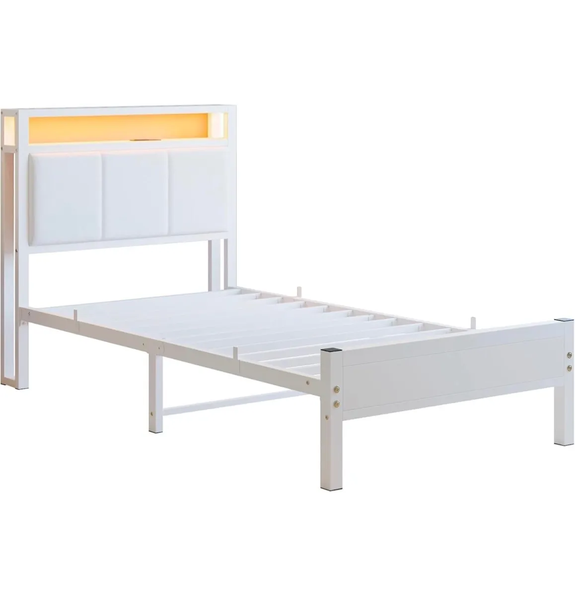 3FT Single Bed Frame with Storage Headboard, White - Image 4