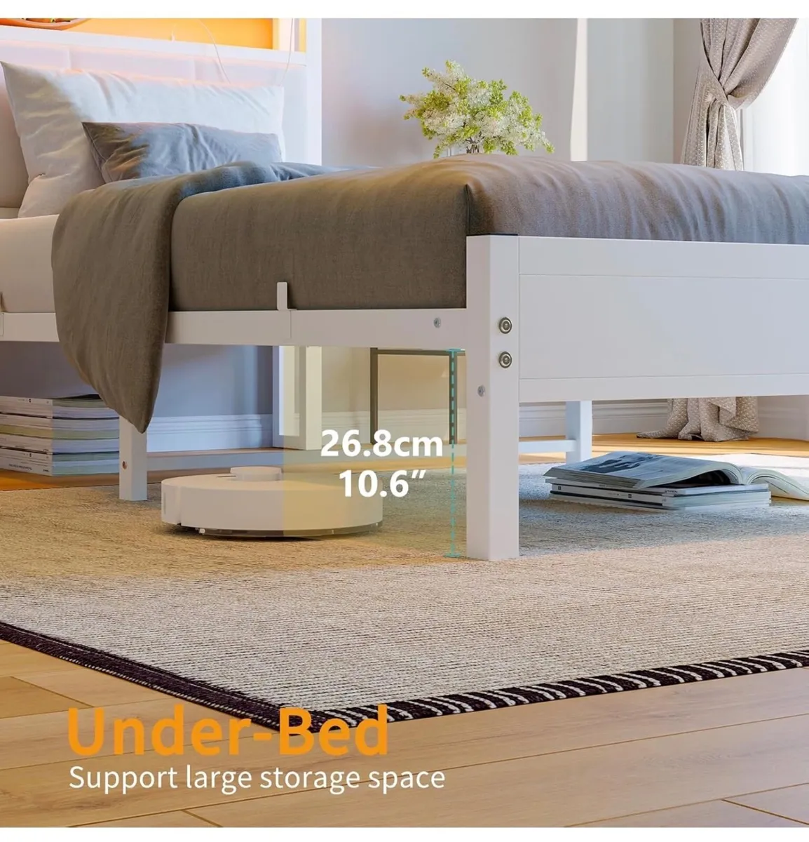 3FT Single Bed Frame with Storage Headboard, White - Image 2