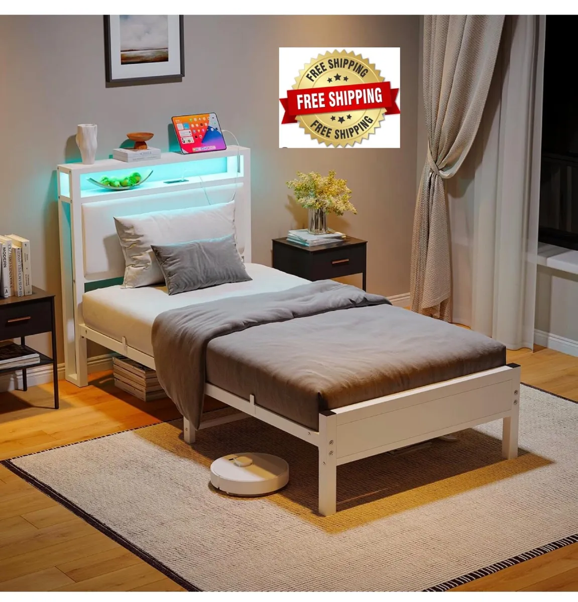 3FT Single Bed Frame with Storage Headboard, White - Image 1