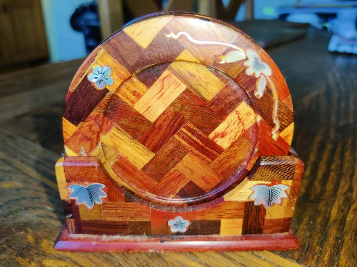 RARE, MOTHER OF PEARL, Set Of 6 Wooden Coasters ! - Image 1
