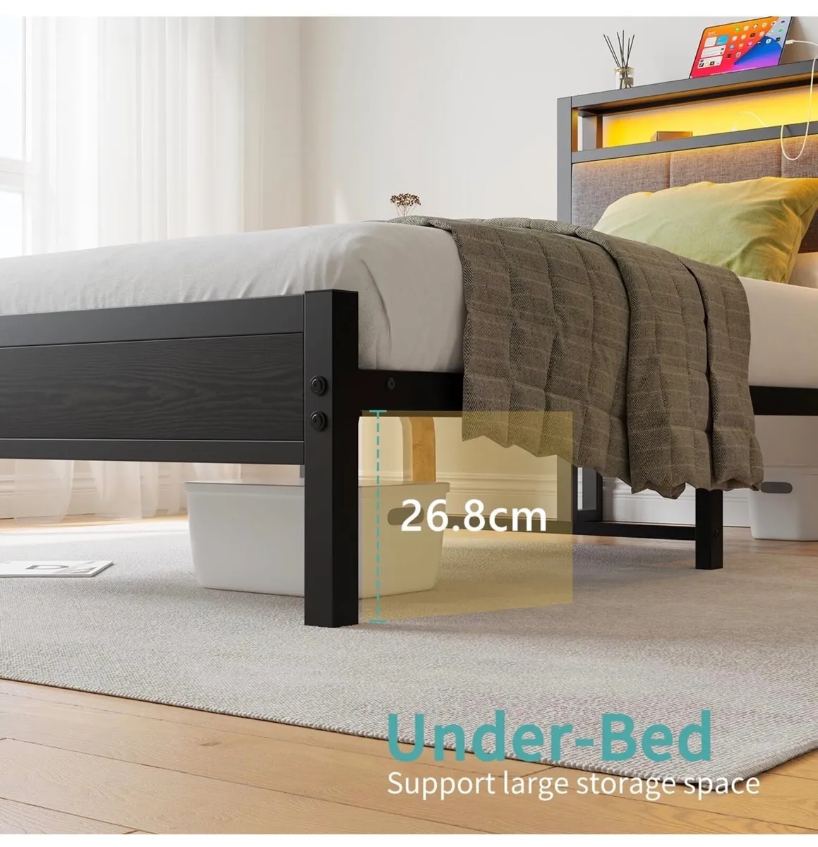 3FT Single Bed Frame with Storage Headboard, Black - Image 2