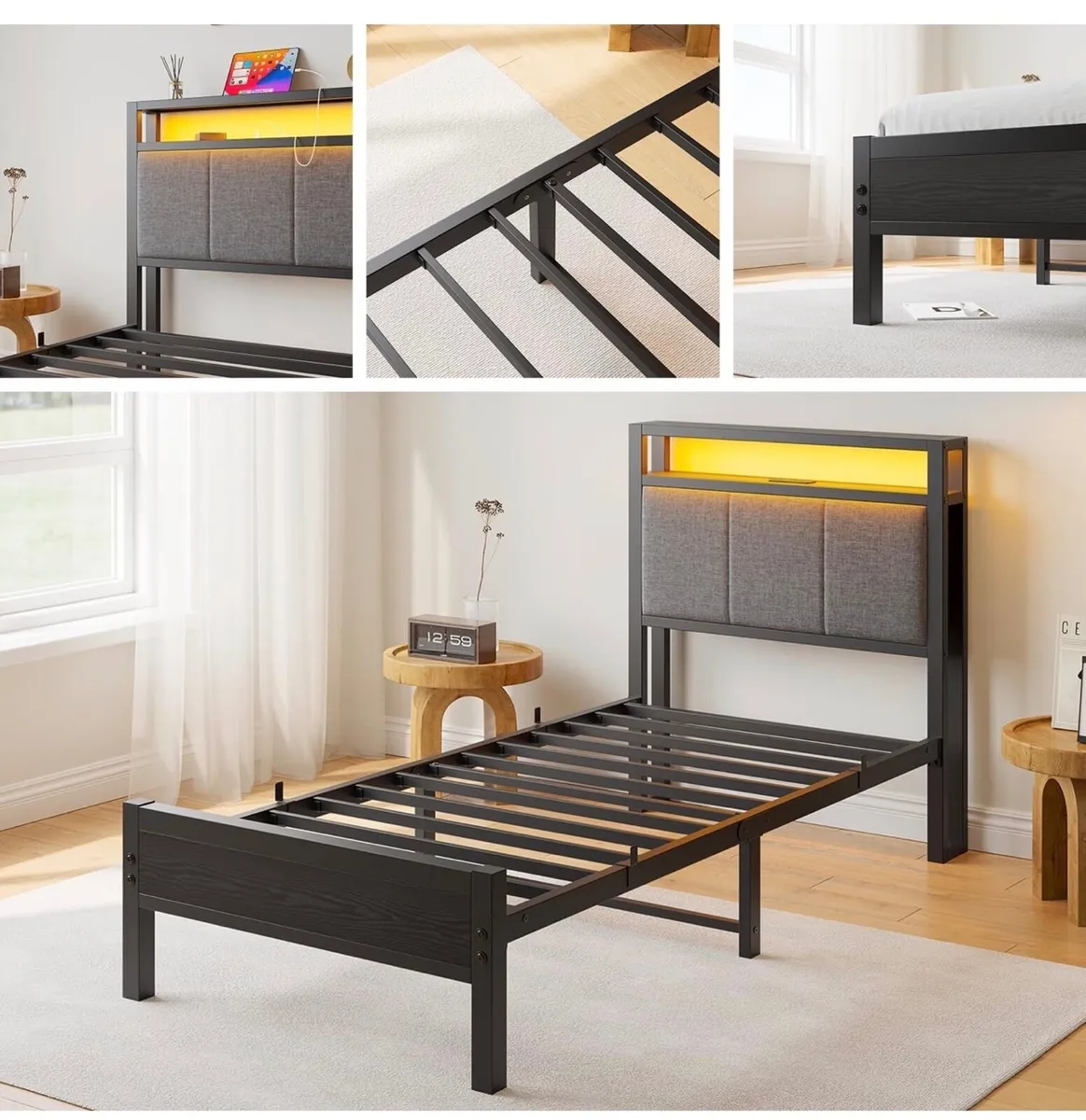 3FT Single Bed Frame with Storage Headboard, Black - Image 3