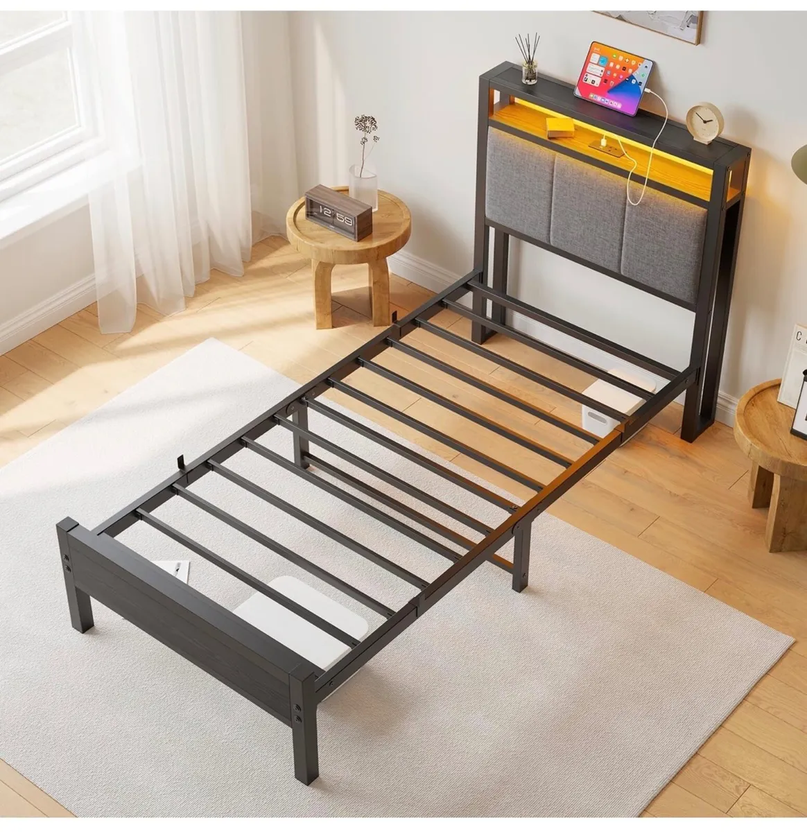 3FT Single Bed Frame with Storage Headboard, Black - Image 4