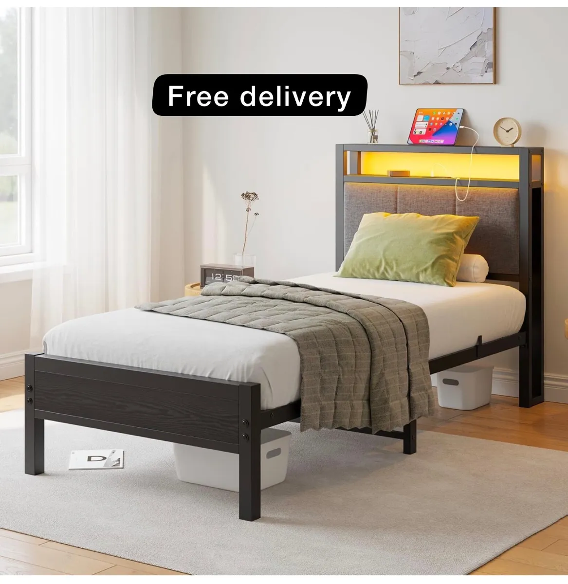 3FT Single Bed Frame with Storage Headboard, Black - Image 1