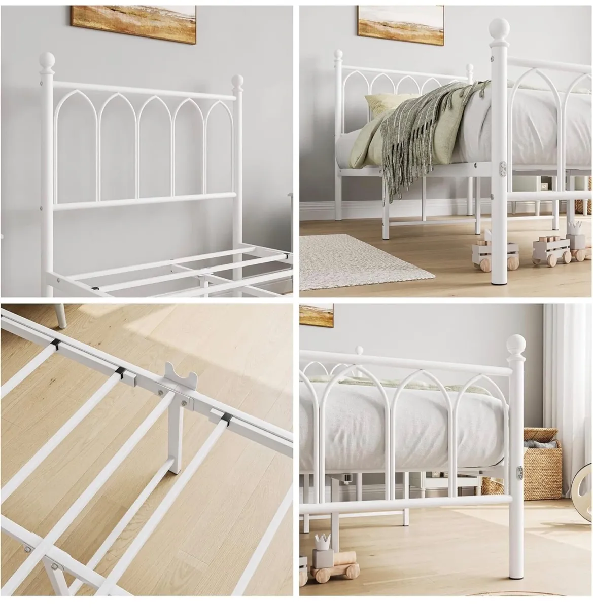 Single Metal Bed Frame, White, 90 x 190 cm Headboa - Image 2