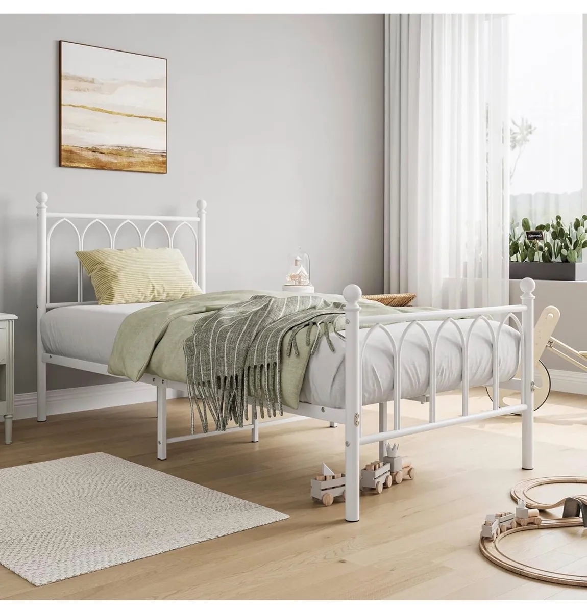 Single Metal Bed Frame, White, 90 x 190 cm Headboa - Image 3