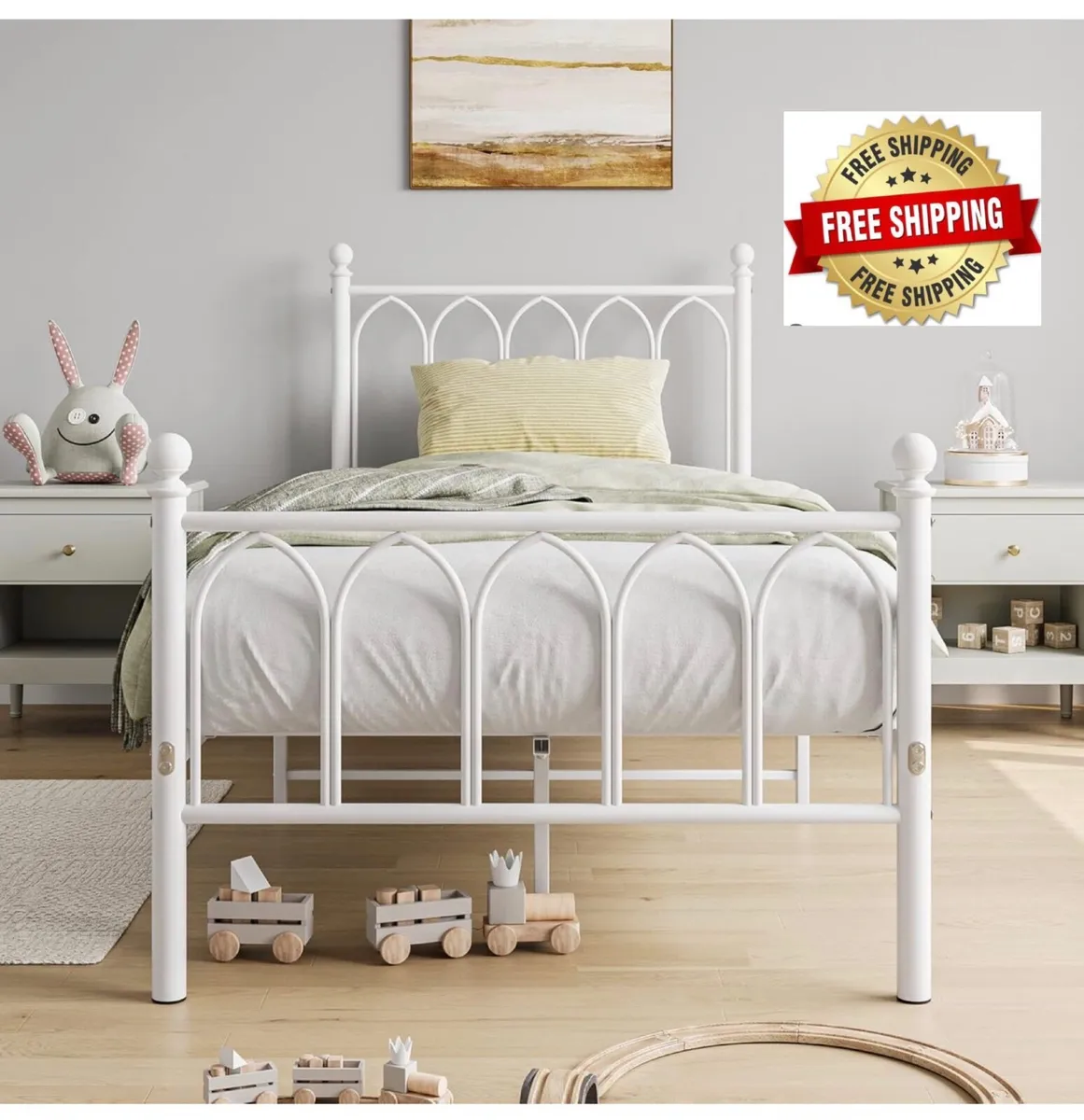 Single Metal Bed Frame, White, 90 x 190 cm Headboa - Image 1