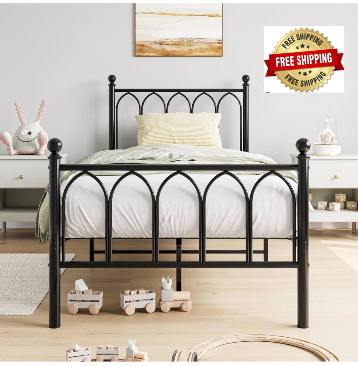 Single Metal Bed Frame 90 x 190 cm with Headboard - Image 1