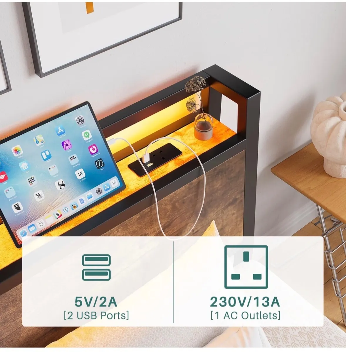 3ft Single Bed Frame, Black Charging Station and L - Image 4