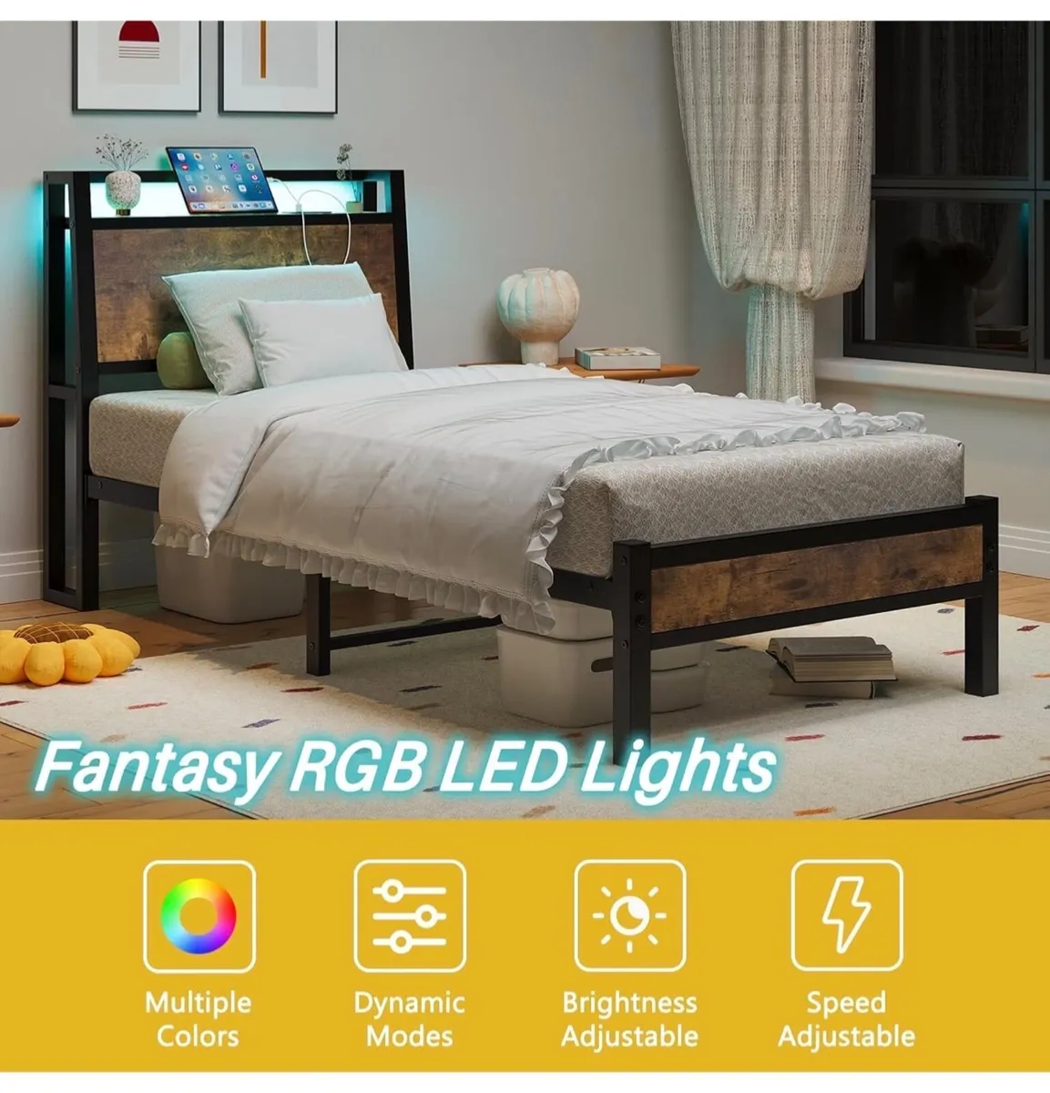 3ft Single Bed Frame, Black Charging Station and L - Image 3