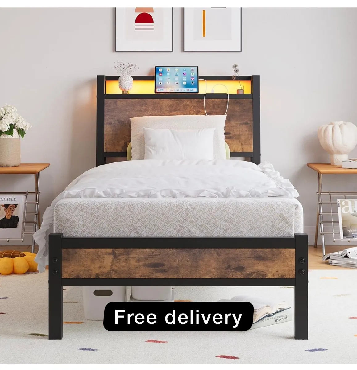 3ft Single Bed Frame, Black Charging Station and L - Image 1