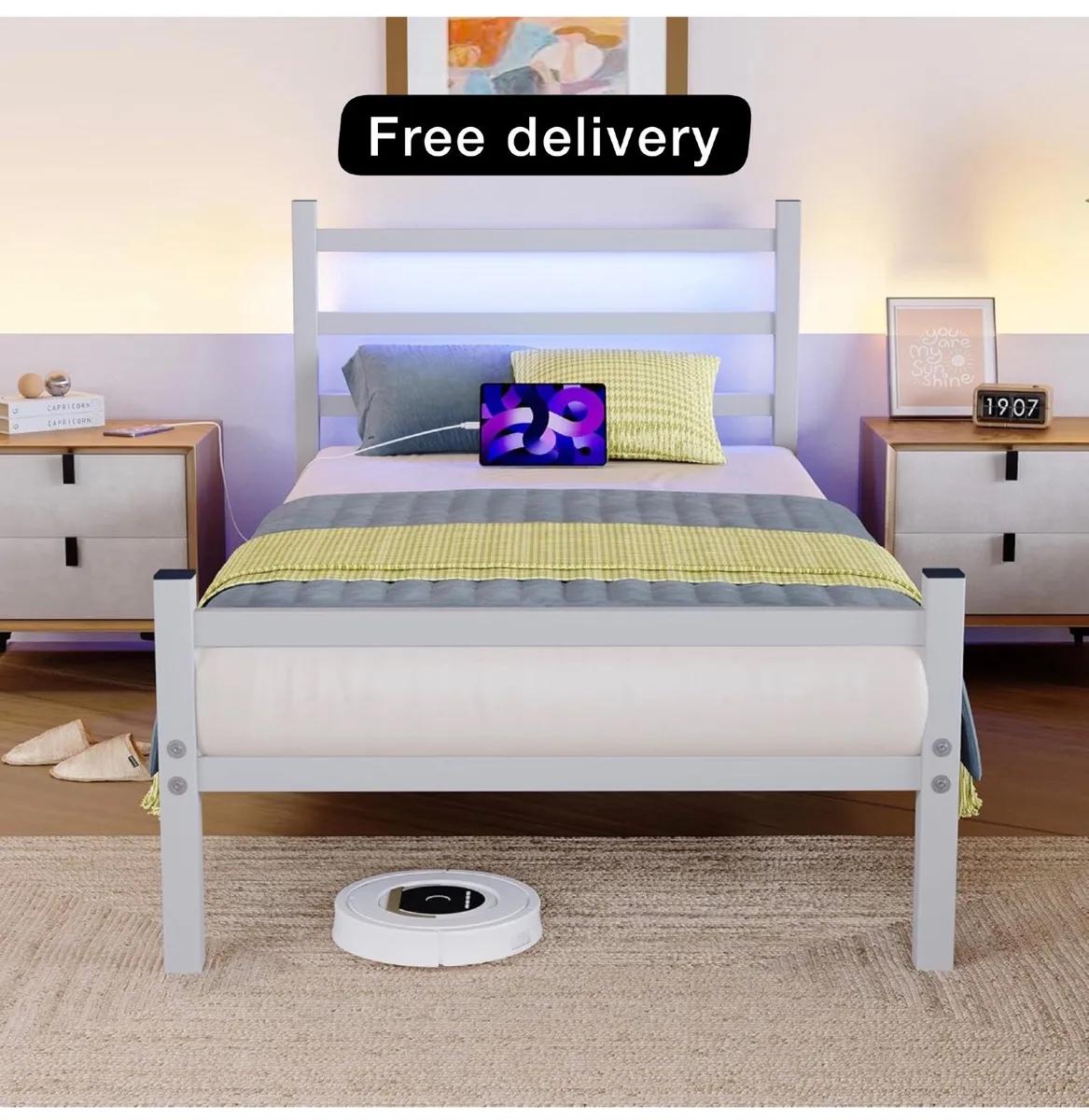 3ft Single Bed Frame with Headboard & LED Lights,H - Image 1